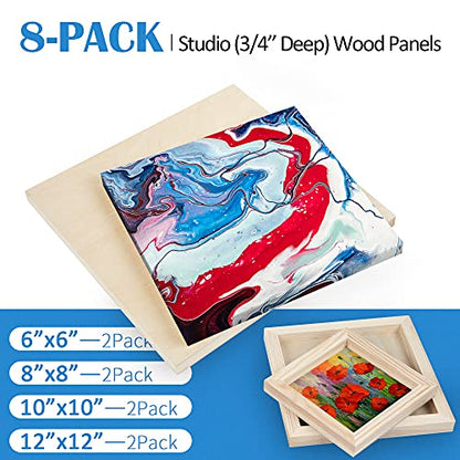 Falling in Art 8 Pack 4 Sizes Unfinished Birch Wood Canvas Panels Kit | Studio 3/4’’ Deep Wood Canvas, Cradle Boards for Painting, Pouring, Burning, Crafts, Epoxy Resin, Laser Engraving Cutting - size: 6*6 8*8 10*10 12*12 2-Pack