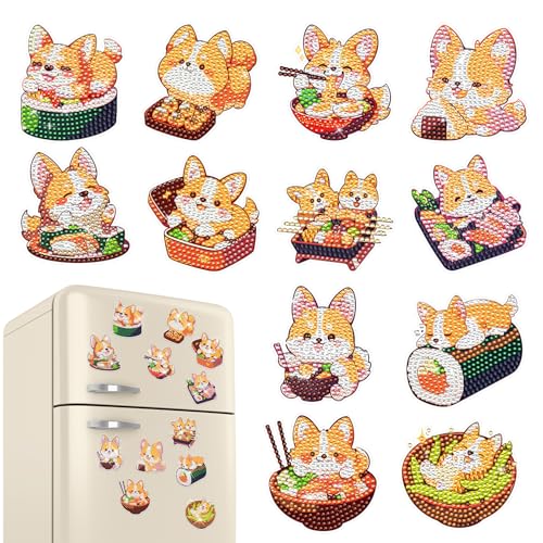 INCOK Corgi Refrigerator Diamond Art Magnets - 12 PCS Japanese Food Diamond Art Magnet Kit Cute Animal Gem Art Fridge Stickers Set Home Decor Birthday Festival Gift for Adults Beginners - color: food corgi