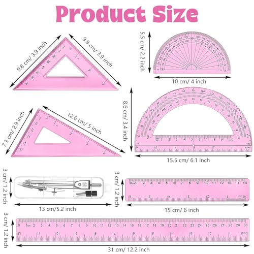 Zonon 7‑Piece Geometry Set with Drawing Compass, 6 & 4 Inch Protractors, Triangle Rulers and Straight Rulers, Transparent Math Drafting Supplies for Back to School, Students and Office Use(Pink) - color: Pink