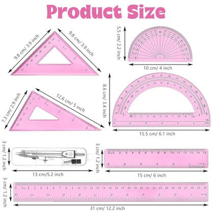 Zonon 7‑Piece Geometry Set with Drawing Compass, 6 & 4 Inch Protractors, Triangle Rulers and Straight Rulers, Transparent Math Drafting Supplies for Back to School, Students and Office Use(Pink) - color: Pink