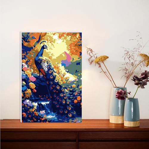 Lxmsja Peacock Paint by Numbers Kit for Adults, Waterfall Stream Acrylic Paint by Numbers for Adults Beginner, DIY Craft Supplies Oil Painting Kits for Home Wall Decor 8x12 inch (Framed) - color: blue#112