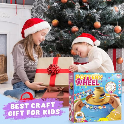Pottery Wheel for Kids with Air Dry Clay Kit, 12 Paints & Tools, Ages 6-12 | No kiln needed: shape on the electric wheel, air-dry & paint. Gentle beginner speed; kit adds 3 clay packs, tools & apron - color: pink/purple
