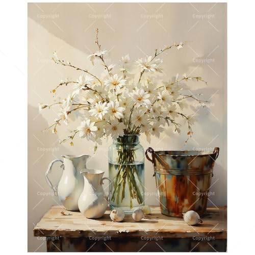 White Daisy Still Life Paint by Numbers Kit for Adults - DIY Rustic Flowers and Vintage Jug Painting on Canvas 8x12In, Framed Acrylic Paint Set, Suitable for Beginners, Floral Art for Home or Gifts - color: TCXY04654, size: 8×12in Framed