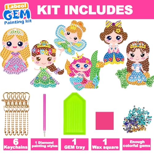 Labeol Arts and Crafts for Kids - Creat Your Own GEM Keychains-5D Diamond Painting by Numbers GEM Kits for Kids Girls Toddler Age 6-7 6-8 10-12 - style: Princess