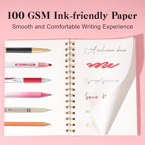 Yoment Graph Paper Spiral Notebook A5 Graphing Notebook 160 Pages | Graph Paper Notebook Spiral Bound Waterproof Plastic Hardcover Spiral Journal 5x7 Grid Notebooks for Note Taking, Pink - color: Pink, style: A - Graph - A5