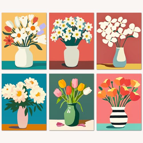 Bougimal 6 Pack Paint by Numbers Kit for Beginners, 11" W x 14" L Flower Vase 3 DIY Acrylic Paint Set on Canvas Without Frame in Box, Kids Paint by Numbers Kits for Home Decor & Birthday Gift - color: Flower Vase 3, size: 11" W x 14"L