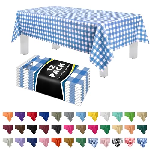 Grandipity Plastic Table Cloth Disposable 12 Pack 54” x 108” Rectangle | Blue Gingham Plastic table covers, durable disposable tablecloths, fade and tear-resistent table cover for party, event - color: Blue Gingham Checkered, size: 54in. x 108in. Rectangl