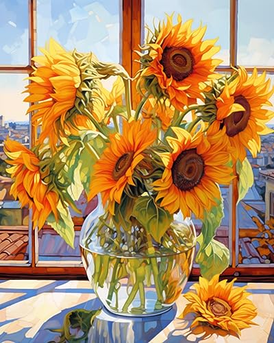 Tucocoo Sunflowers DIY Paint by Numbers for Adults Flowers in Glass Vase DIY Oil Painting Acrylic Paint Art Painting Kits Canvas with Acrylic Paint Floral Art 16x20 Inch （Without Frame ） - color: Flower in Vase 06, size: 16''x20''(Frameless)