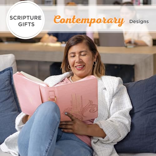 Christian Art Gifts Pink & Gold Floral Faux Leather Fashion Bible Cover for Women: Everything Through Christ - Phil. 4:13 Inspirational Scripture w/Sleeves, Pocket, Pen Loops to Organize, Pink, Large - size: Large