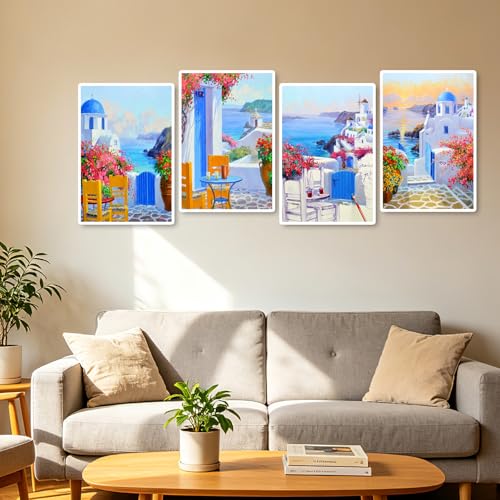 Lanzeyo 4 Pcs Paint by Numbers Kits for Adults Framed Canvas with Wooden Easel DIY Mediterranean Landscape Oil Paintings Kits Paint by Numbers on Canvas Wall Art (8x12 inch) - color: 02 Landscape