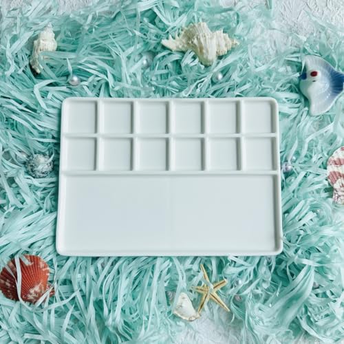 12Well Ceramic Paint Palette,Porcelain Watercolor Palette,Rectangle Artist Professional Porcelain Palettes for Painting,for Acrylic,Gouache,Watercolor,Painting,Ceramic Mixing Tray