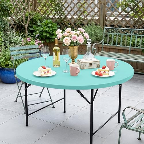 Round Fitted Tablecloth with Elastic-Spandex Table Covers 60 Inch | 2 Pack Aqua Blue Spandex Stretch Windproof Washable Folding Banquet Tablecloths 5ft-Party Event Outdoor Trade Show Dining - color: Aqua Blue, size: 60'' Round | 2 Pack
