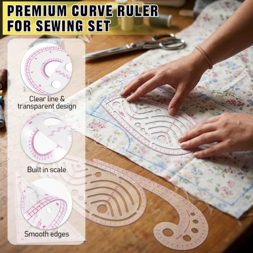 4 PCS Clip-On Sewing Ruler and Clear French Curve Ruler for Sewing Set | Premium Blanket Stitch Guide Tool with 2mm, 3mm, 4mm, 5mm Spacing for Hand-Sewing, Embroidery, Patchwork & Dressmaking
