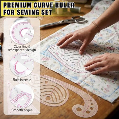 4 PCS Clip-On Sewing Ruler and Clear French Curve Ruler for Sewing Set | Premium Blanket Stitch Guide Tool with 2mm, 3mm, 4mm, 5mm Spacing for Hand-Sewing, Embroidery, Patchwork & Dressmaking