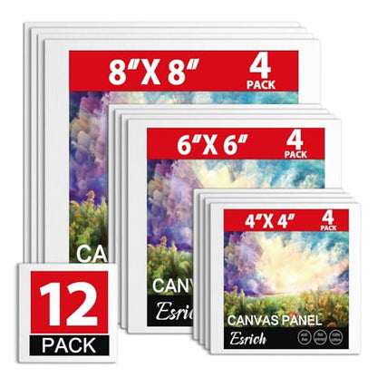 ESRICH Canvas Boards for Painting 12 Pack Canvas for Painting 4x4, 6x6, 8x8 Blank Canvases for Painting-Cotton Primed Painting Canvas Panels for Acrylic, Oil, Gouache & Tempera. - size: 12 Pack(4x4 6x6 8x8)
