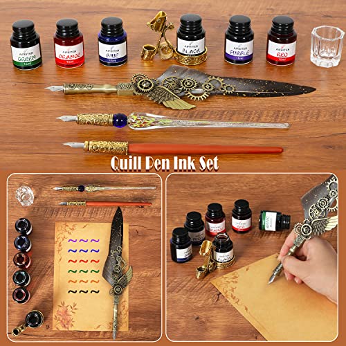 Aifeiter Feather Pen Ink Set - 6 Bottles of Ink, Quill Pen, Glass & Wooden Dipping Pens, 8 Sheets of Writing Paper, Envelope, Wax Granules, Round Wax, Seal, Spoon, Pen Holder (Grey) - color: Grey