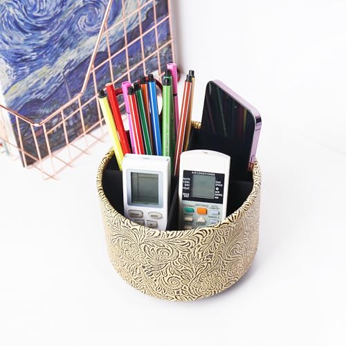 Round Leather Art Supply Organizer,Remote Control Holder,360 Degree Spinning,Multi-Functional Pencil Holder,4 Compartments Desktop Stationary Organizer(1-Yellow Black) - color: 1-Yellow Black