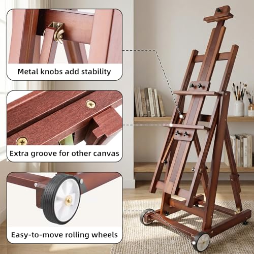 Studio H-Frame Easel with Tilting & Flat Position, Walnut | Sturdy Adjustable Beech Wood Painting Easel for Painting, Holds Canvas Art up to 77" - style: Walnut