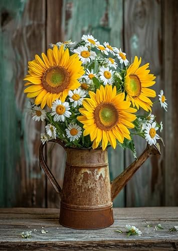 DDGEMART 5D Diamond Painting Kit, Rustic Sunflower and Daisy Farmhouse Still Life Art for Adults & Beginners, Full Drill Gem Art for Home Wall Decor, 12 x 16 Inch - color: Rustic Sunflowers