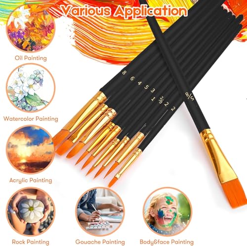 Soucolor 10-Pack Round Tip Paint Brushes, Acrylic Oil Watercolor, Black | Soft synthetic bristles, nickel ferrules, easy-clean design — ideal for acrylic, oil, watercolor, face, nail & rock art. - color: Black, size: 10-Pack