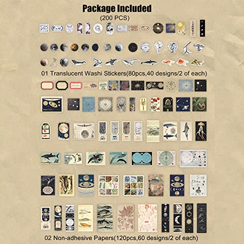 Esweny 200 Pieces Vintage Ephemera Scrapbooking Supplies Pack for Journaling, Decoupage Paper Scrapbook Stickers Kit for Junk Journal Planners Collage Craft Notebooks Album (Space and Sea) - style: Space and Sea