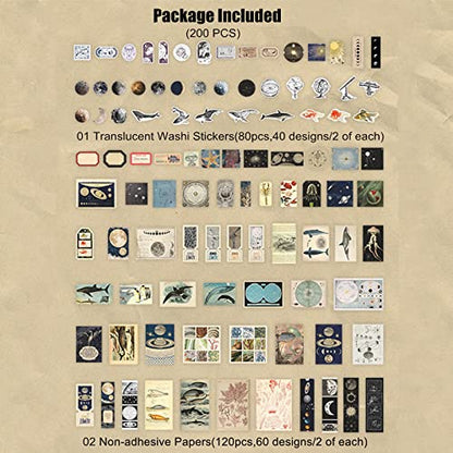Esweny 200 Pieces Vintage Ephemera Scrapbooking Supplies Pack for Journaling, Decoupage Paper Scrapbook Stickers Kit for Junk Journal Planners Collage Craft Notebooks Album (Space and Sea) - style: Space and Sea
