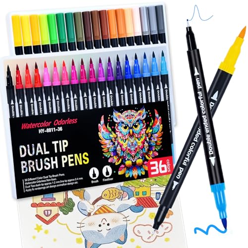 36 Colors Brush & Fine Dual Tip Art Markers Set for Adult Kids Coloring, Dual Tip Colored Pens Markers Quick Drying Without Fading ,Water Based Marker for Painting,Calligraphy, Doodling Journal - color: 36 Colors