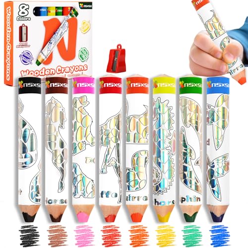 8 Toddler Colored Pencils, 3-in-1 Jumbo Triangular Fat Crayons for Kids | Back to School Essential, Watercolor Effect, Glitter Animal Designs, Easy Grip for Small Hands, Creative Fun - style: Holographic Look