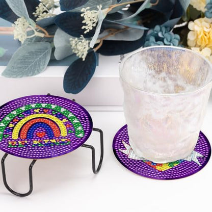 8 Pcs Diamond Art Painting Coasters with Holder, DIY Autism Awareness Diamond Art Coasters for Drinks Diamond Art Painting Kits for Beginners, Diamond Kits Craft Supplies for Adults - color: Purple Style