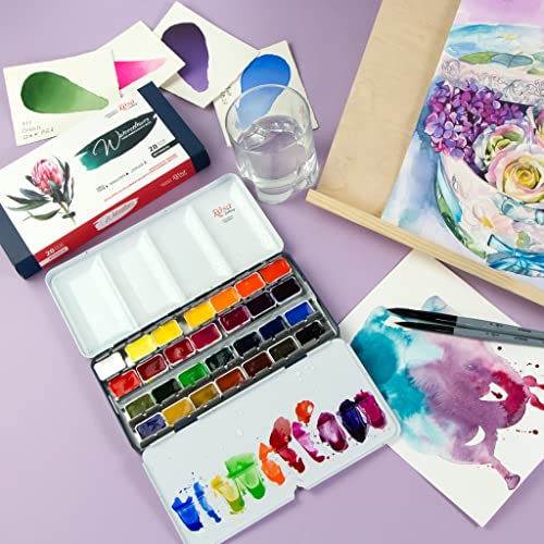ROSA Gallery Botanical Watercolor Paint Set, Vibrant Kit Designed by Professional Artists, Washable, High Lightfastness Pigments, Made in Ukraine, Packed in Metal Paint Box, 28 Ct.