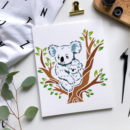 Koala Sitting on a Tree Stencil for Painting 11.8 x 11.8 Inch Reusable Plastic Koala Stencil for Painting on Wall Wood Furniture Fabric Canvas, DIY Craft Stencil - style: Koala