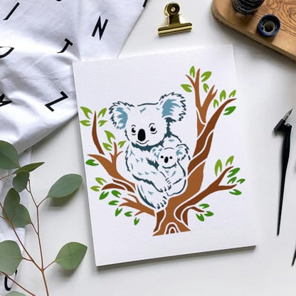 Koala Sitting on a Tree Stencil for Painting 11.8 x 11.8 Inch Reusable Plastic Koala Stencil for Painting on Wall Wood Furniture Fabric Canvas, DIY Craft Stencil - style: Koala