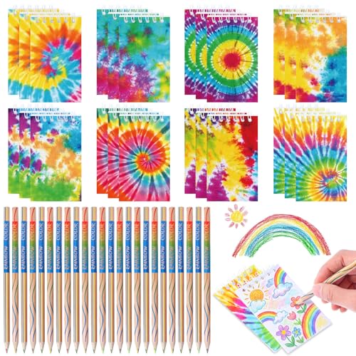 48 Pcs Mini Tie Dye Notepads Multicolor 4-in-1 Rainbow Pencils (pre-sharpened) Spiral Pocket Notebooks Fun Colored Pencil Back to School Gifts Classroom Rewards Birthday Party Favors