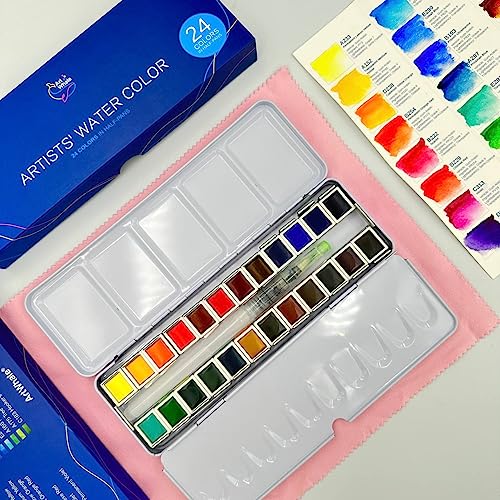 Watercolor Paint Set 24 Colors in Half-Pans|Tin Box&Waterbrush|Pro-Grade Pigments - size: 24 Count (Pack of 1)