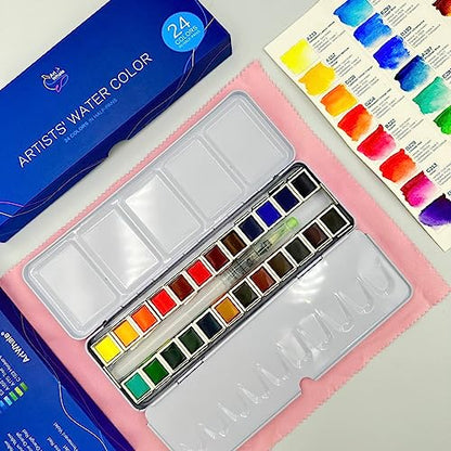 Watercolor Paint Set 24 Colors in Half-Pans|Tin Box&Waterbrush|Pro-Grade Pigments - size: 24 Count (Pack of 1)