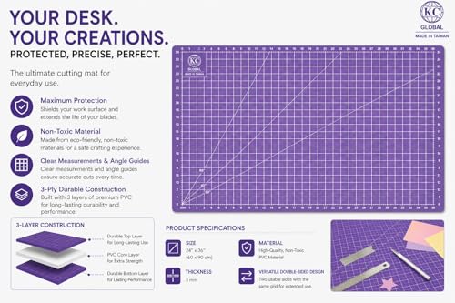 KC GLOBAL A1 (38"x26") Professional Grade Self-Healing Cutting Mat - Purple, Odor-Free, Reversible, Eco-Friendly, Durable, 2mm PVC Material, Premium Desk Mat for Crafters, Quilters, and Hobbyists - size: 38"L x 26"W
