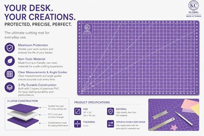 KC GLOBAL A1 (38"x26") Professional Grade Self-Healing Cutting Mat - Purple, Odor-Free, Reversible, Eco-Friendly, Durable, 2mm PVC Material, Premium Desk Mat for Crafters, Quilters, and Hobbyists - size: 38"L x 26"W