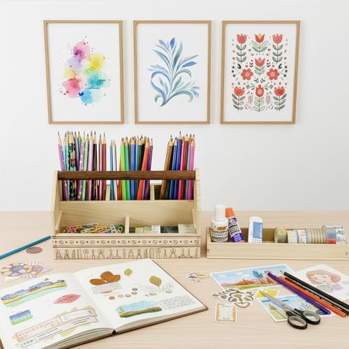 Ikee Design Small Wood Craft Tool Box Caddy with a Handle for Storage - color: Natural with Pattern