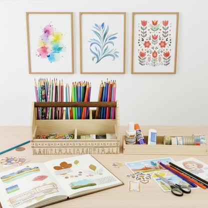 Ikee Design Small Wood Craft Tool Box Caddy with a Handle for Storage - color: Natural with Pattern
