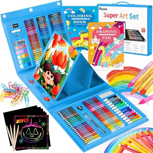 iBayam Art Kit, 251-Pack Art Supplies Drawing Kits, Arts & Crafts Gifts Box | Kids Teen Girls Boys, Art Set Case with Trifold Easel, Scratch Paper, Sketch Pad, Coloring Book, Crayons, Pencils, Watercolor - color: Blue