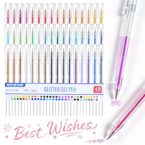 48 Colors Glitter Gel Pens for Adult Coloring, Fine Tip Sparkly Gel Ink Pens Set,Gel Glitter Pens - Smooth Writing Glitter Pens for Journaling, Drawing, Crafts, Doodling Art Supplies on Black Paper - color: 48 Colors