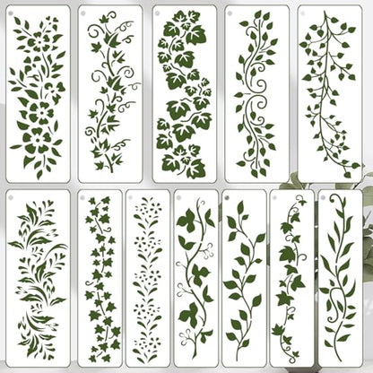 12 Pack Leaf Vine Stencils, DIY Crafts Drawing Templates, Stencils Reusable for Painting on Wood, Wall, Fabric, Canvas, Furniture, Home Decor (Vine) - style: VINE-12inches