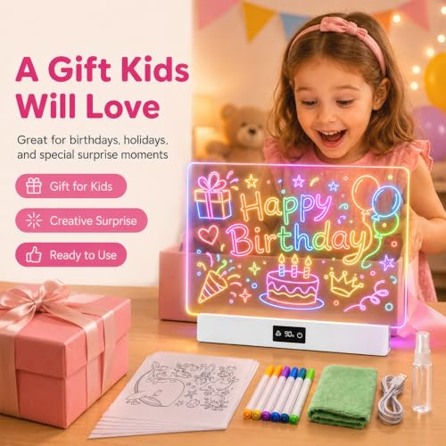 OUTON Rechargeable LED Drawing Board for Kids, 16" Glow Doodle LED Note Board with 8 Colors, 3 Light Effects, Reusable Neon Light Up Drawing Tablet Gift for Girls and Boys with Battery Display, White - color: White