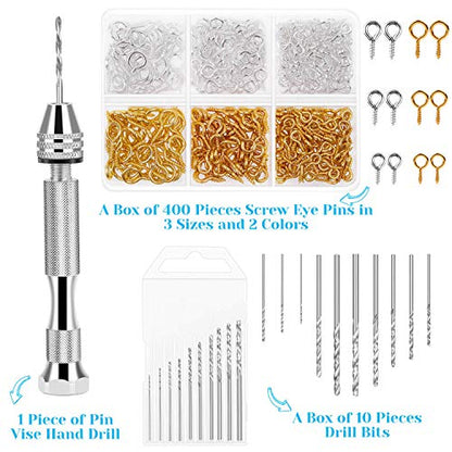 Pin Vise for Resin Casting Molds, Shynek Hand Drill for Jewelry Making Resin Tools Includes 1Pcs Push Hand Drill 10Pcs Drill Bits 480Pcs Eye Screws for DIY Keychain (Gold+silver) - color: Silver and Gold