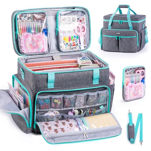 AMOIGEE Large Craft Bag - Scrapbook Storage, Craftsman Tool Tote Bag, Teacher Bags, Scrapbook Tote Bag, Art Supply Bag for Teachers, Large Sewing Machine Case - color: Grey - Teal, size: W/No Wheels