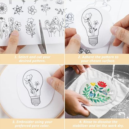 Water Soluble Stabilizer Embroidery Pattern - Bible Flower Stick & Stitch Embroidery Paper Wash Away, Wildflower Hand Sewing Patterns for T-Shirt Bag Towel (4 Sheets) - style: Flower974