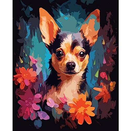 Tucocoo Dog Paint by Numbers Kits 16x20 inch Canvas DIY Digital Oil Painting for Adults with Brushes and Acrylic Pigment - Cute Puppy Animal Flowers Hand-Painted for Home Decor Gifts (Without Frame) - color: Artwork-02, size: 16''x20''(Without Frame)