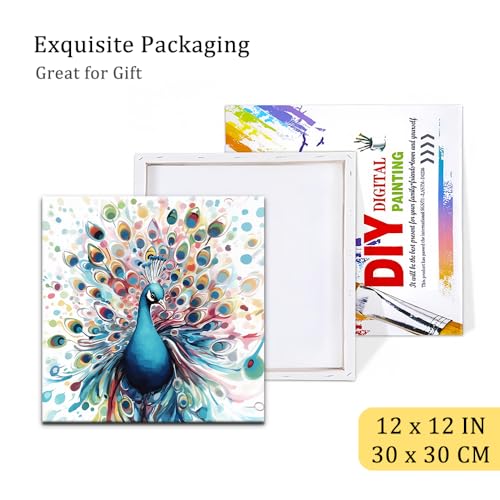 Natuyalo Paint by Numbers Kit for Adults Beginners, 12" Wx12 L Animal Painting by Numbers Kit on Canvas Acrylic Drawing Kits Ready to Stretch and Framed, Colourful Peacock - color: Color-05