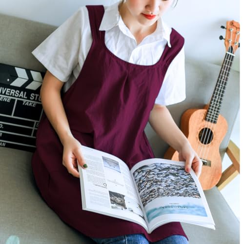 NEWGEM Japanese Cotton Linen Cross Back Cooking Apron for Women Men with Pockets Cute for Baking Kitchen - color: 09 - Women's Purplish-red