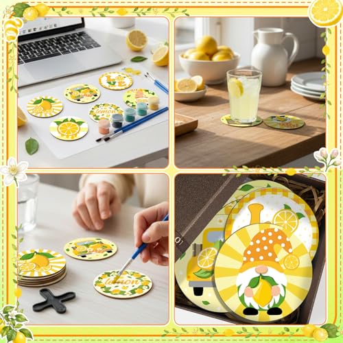 Reallnaive 8 Pcs Lemon Paint by Numbers Kit for Adults Wooden Coasters | Mini Paint by Numbers, Tiny Yellow Gnome Round Oil Painting Drink Coaster with Holder, for Small DIY Craft Birthday Gift - style: Lemon